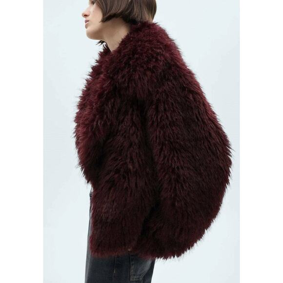 Mango Fur Jacket With Lapels - L - Burgundy - Picture 4 of 7